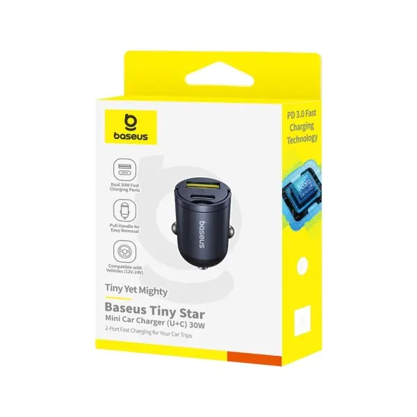 АВТОМОБІЛЬНИЙ ЗАРЯДНИЙ ПРИСТРІЙ BASEUS TINY STAR MINI CAR CHARGER (U+C) 30W, ЧОРНИЙ C00035001121-02