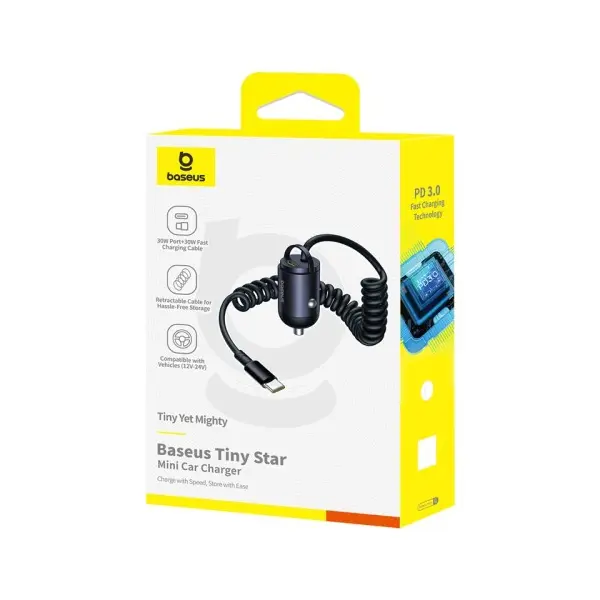 АВТОМОБІЛЬНИЙ ЗАРЯДНИЙ ПРИСТРІЙ BASEUS TINY STAR MINI CAR CHARGER (C+C CABLE INCLUDED) 30W, C00035001121-00, ЧОРНИЙ