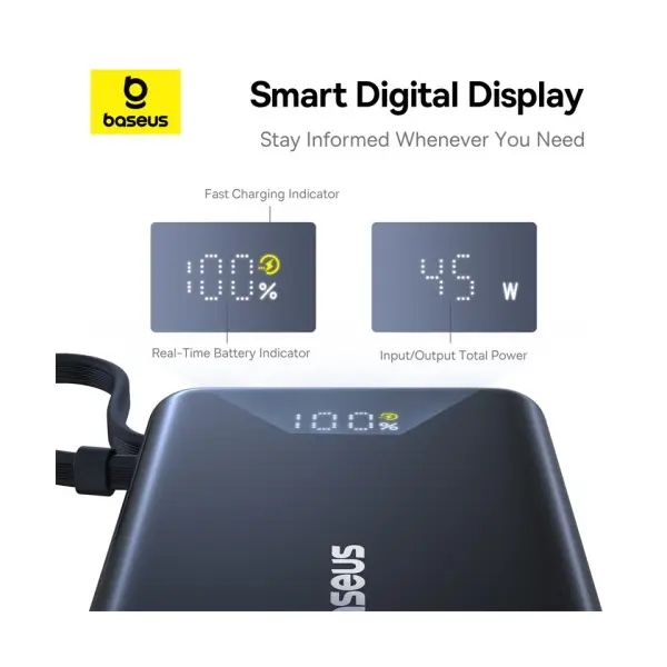 ЗОВНІШНІЙ АКУМУЛЯТОР POWER BANK BASEUS PICOGO DIGITAL DISPLAY POWER BANK 10000MAH 45W, ЧОРНИЙ P10076803123-00