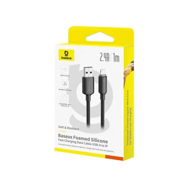 КАБЕЛЬ BASEUS FOAMED SILICONE USB-A TO LIGHTNING 2.4A 1M, ЧОРНИЙ E0426900