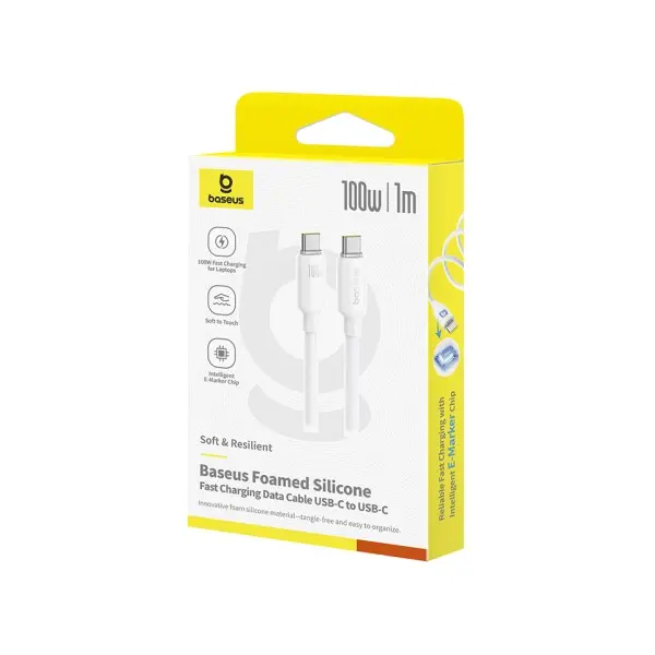 КАБЕЛЬ PD BASEUS FOAMED SILICONE TYPE-C TO TYPE-C 100W 1M, БІЛИЙ E0426701