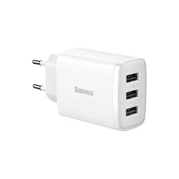 МЕРЕЖЕВИЙ ЗАРЯДНИЙ ПРИСТРІЙ BASEUS COMPACT CHARGER 3-USB 17W EU, БІЛИЙ CCXJ020102