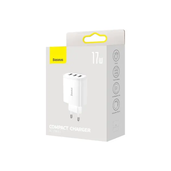 MR4_145675 Мережевий зарядний пристрій baseus compact charger 3-usb 17w eu, білий ccxj020102 