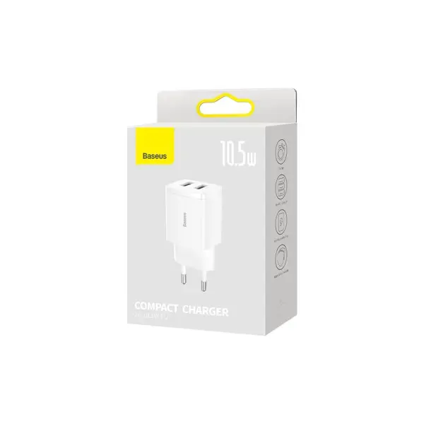 МЕРЕЖЕВИЙ ЗАРЯДНИЙ ПРИСТРІЙ BASEUS COMPACT CHARGER 2U 10.5W EU, БІЛИЙ CCXJ010202