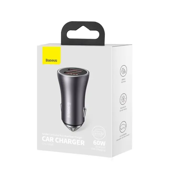 АВТОМОБІЛЬНИЙ ЗАРЯДНИЙ ПРИСТРІЙ BASEUS GOLDEN CONTACTOR MAX DUAL FAST CHARGER CAR CHARGER U+U 60W DARK, CGJM000013, СІРИЙ