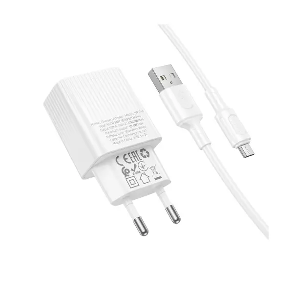 МЕРЕЖЕВИЙ ЗАРЯДНИЙ ПРИСТРІЙ BOROFONE BAS71A SOURCE 1USB, 2.1A MICRO, БІЛИЙ
