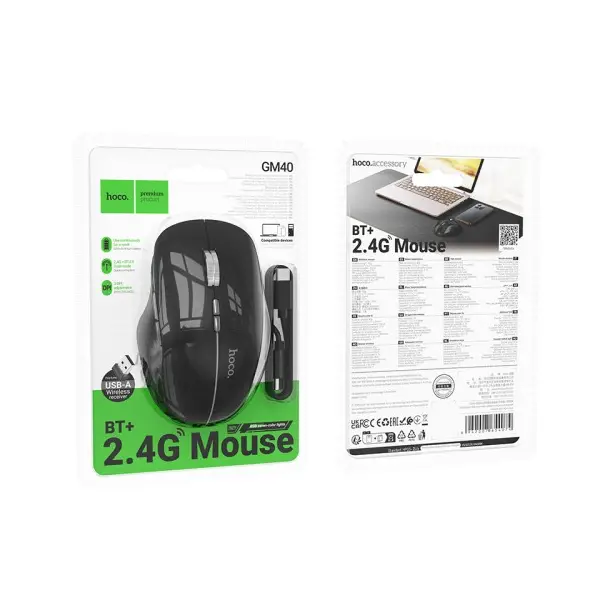 КОМПЮТЕРНА МИШКА HOCO GM40 DIXON RGB DUAL-MODE WIRELESS MOUSE (RECHARGEABLE VERSION) DARK NIGHT, ЧОРНИЙ