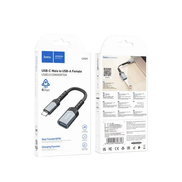ПЕРЕХІДНИК HOCO UA24 TYPE-C MALE TO USB FEMALE 3.0 CONVERTER METAL, СІРИЙ