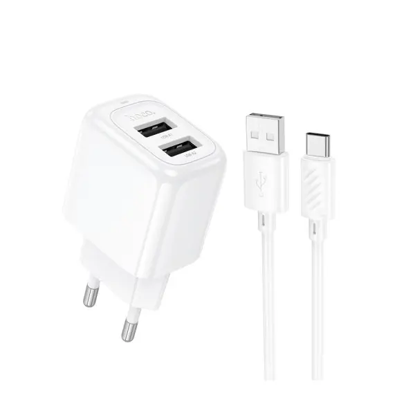 МЕРЕЖЕВИЙ ЗАРЯДНИЙ ПРИСТРІЙ HOCO CS51A SURPLUS DUAL-PORT CHARGER 2USB, 2,4A TYPE-C CABLE SET, БІЛИЙ