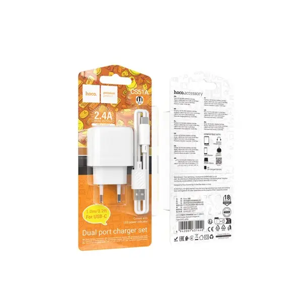MR4_146032 Мережевий зарядний пристрій hoco cs51a surplus dual-port charger 2usb, 2,4a type-c cable set, білий HOCO