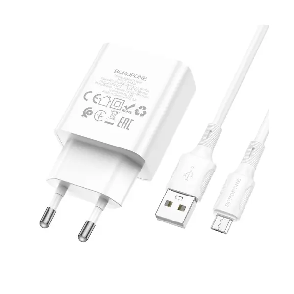 МЕРЕЖЕВИЙ ЗАРЯДНИЙ ПРИСТРІЙ BOROFONE BA74A ASPIRER 1USB, 2.1A + CABLE MICRO БIЛИЙ