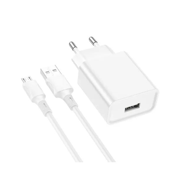 МЕРЕЖЕВИЙ ЗАРЯДНИЙ ПРИСТРІЙ BOROFONE BA74A ASPIRER 1USB, 2.1A + CABLE MICRO БIЛИЙ