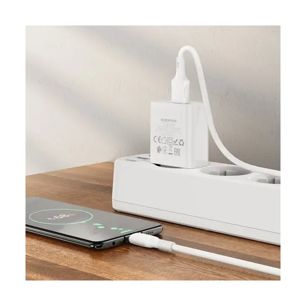 МЕРЕЖЕВИЙ ЗАРЯДНИЙ ПРИСТРІЙ BOROFONE BA74A ASPIRER 1USB, 2.1A + CABLE MICRO БIЛИЙ