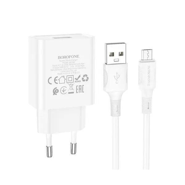 МЕРЕЖЕВИЙ ЗАРЯДНИЙ ПРИСТРІЙ BOROFONE BA74A ASPIRER 1USB, 2.1A + CABLE MICRO БIЛИЙ