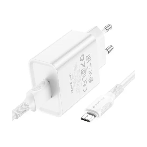 МЕРЕЖЕВИЙ ЗАРЯДНИЙ ПРИСТРІЙ BOROFONE BA74A ASPIRER 1USB, 2.1A + CABLE MICRO БIЛИЙ