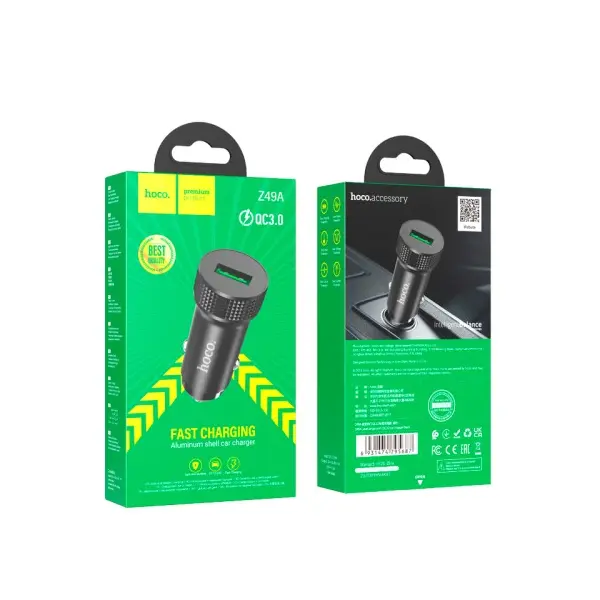 АВТОМОБІЛЬНИЙ ЗАРЯДНИЙ ПРИСТРІЙ HOCO Z49A LEVEL SINGLE PORT QC3.0 CAR CHARGER, ЧОРНИЙ