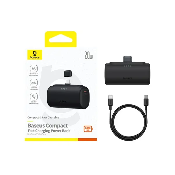 ЗОВНІШНІЙ АКУМУЛЯТОР POWER BANK BASEUS COMPACT FAST CHARGING POWER BANK TYPE-C EDITION 5000MAH 20W, ЧОРНИЙ P10068306113-00