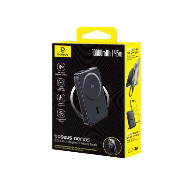 MR4_146281 Зовнішній акумулятор power bank baseus nomos qi2 kickstand magnetic power bank type-c cable 10 000mah 45w, чорний p10078800123-00 