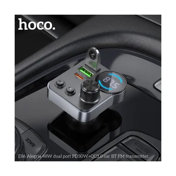 АВТОМОБІЛЬНИЙ ЗАРЯДНИЙ ПРИСТРІЙ + FM МОДУЛЯТОР HOCO E86 ALEGRIA, 2XUSB-A, 1XTYPE-C, 48W DUAL PORT PD30W, QC3.0, ЧОРНИЙ