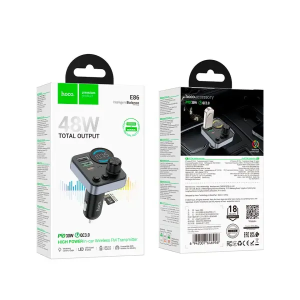 АВТОМОБІЛЬНИЙ ЗАРЯДНИЙ ПРИСТРІЙ + FM МОДУЛЯТОР HOCO E86 ALEGRIA, 2XUSB-A, 1XTYPE-C, 48W DUAL PORT PD30W, QC3.0, ЧОРНИЙ
