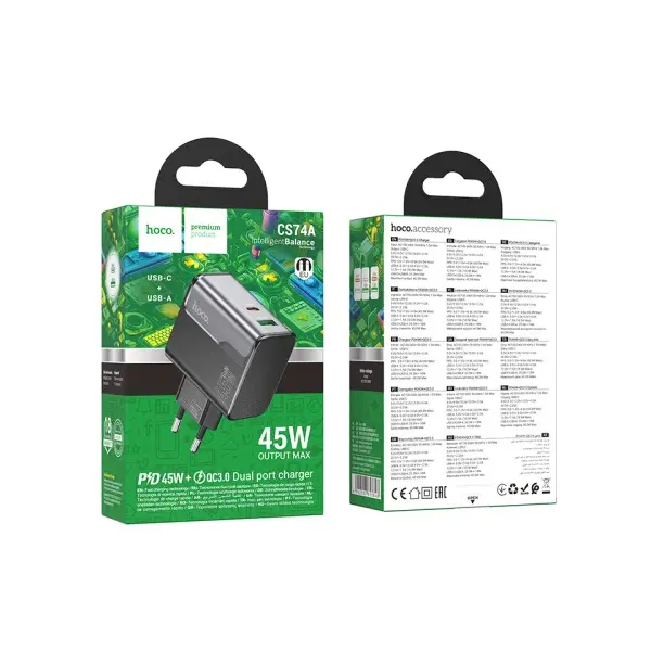 MR4_146742 Мережевий зарядний пристрій hoco cs74a star speed pd45w+qc3.0 charger (eu) midnight, чорний 