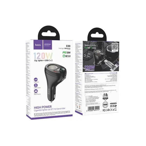 АВТОМОБІЛЬНИЙ ЗАРЯДНИЙ ПРИСТРІЙ + FM МОДУЛЯТОР HOCO E88 STAR, 1XUSB-A, 2XTYPE-C, 35W (2C) CIGARETTE LIGHTER, ЧОРНИЙ