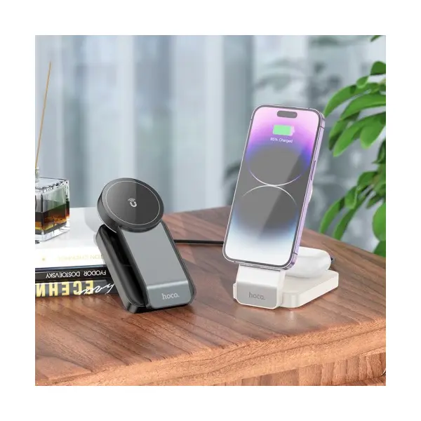 БЕЗДРОТОВИЙ ЗАРЯДНИЙ ПРИСТРІЙ HOCO CQ3 MOTORCYCLE FOLDING 3IN1 MAGNETIC WIRELESS FAST CHARGER MILKY, БІЛИЙ