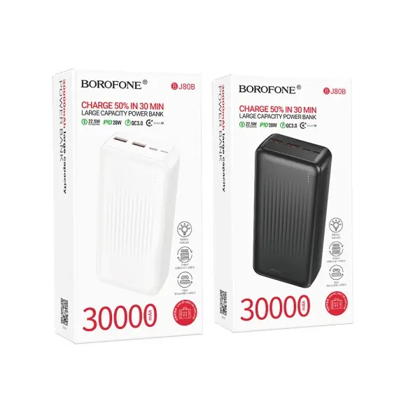 ЗОВНІШНІЙ АКУМУЛЯТОР POWER BANK BOROFONE BJ80B CLEVER 22.5W+PD20W 30000MAH, ЧОРНИЙ