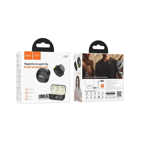 МІКРОФОН HOCO L22 BRIGHT 2IN1 WIRELESS MICROPHONE WITH CASE (IP, TYPE-C), ЧОРНИЙ