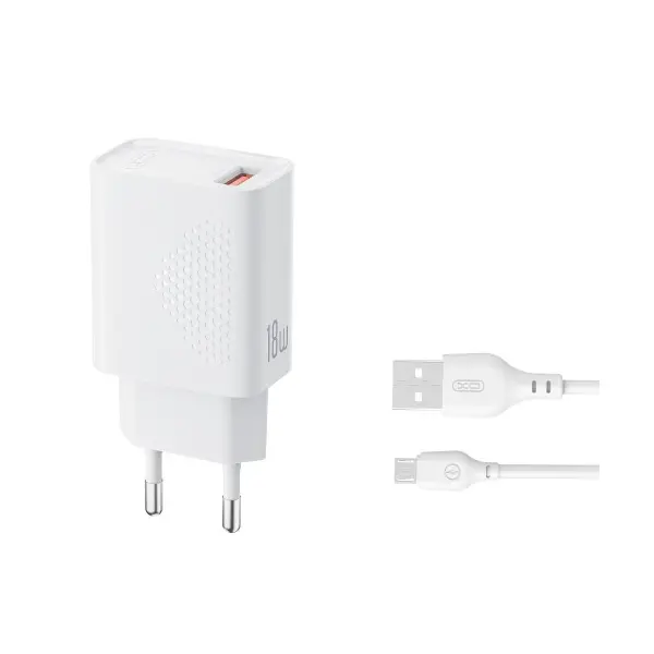 МЕРЕЖЕВИЙ ЗАРЯДНИЙ ПРИСТРІЙ XO L159 (EU) QC18W 1USB-A QUICK CHARGER MICRO KIT (NB103), БІЛИЙ