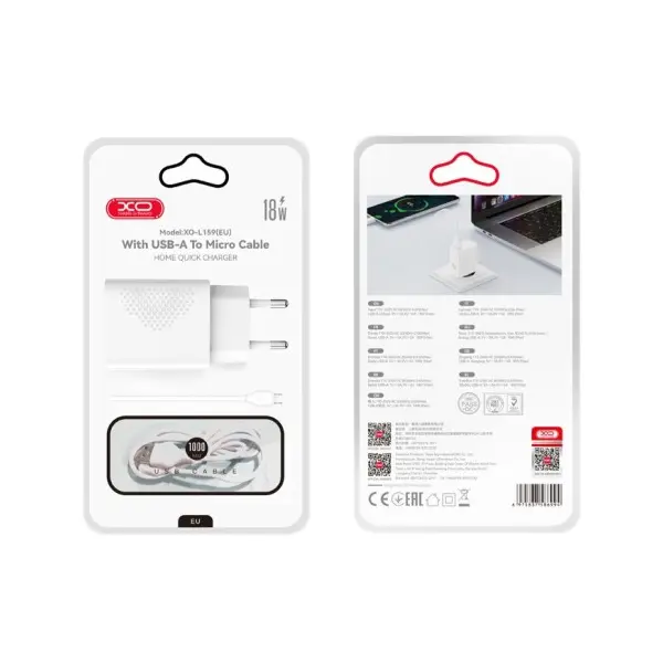 МЕРЕЖЕВИЙ ЗАРЯДНИЙ ПРИСТРІЙ XO L159 (EU) QC18W 1USB-A QUICK CHARGER MICRO KIT (NB103), БІЛИЙ