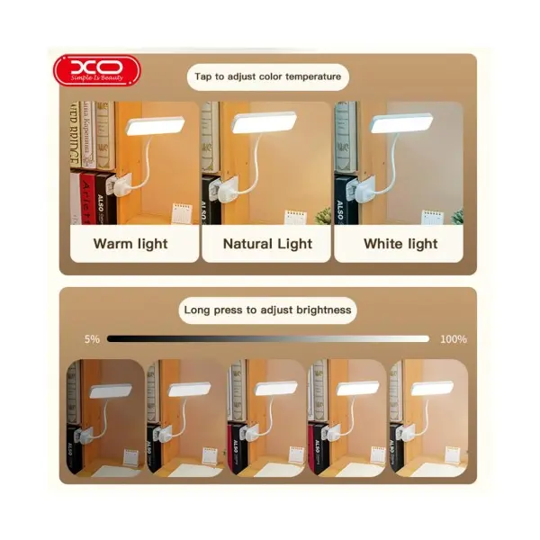 ЛАМПА XO OZ06В DESKTOP BEDSIDE TRICOLOUR CLIP DESK LAMP 800MAH, БІЛИЙ