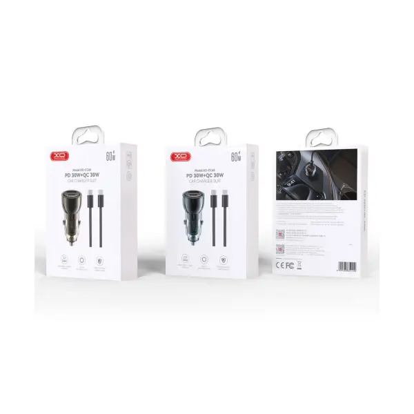 АВТОМОБІЛЬНИЙ ЗАРЯДНИЙ ПРИСТРІЙ XO CC60 SMART TRANSPARENT CAR CHARGER A30+C30 SIMULTANEOUS 60W+TYPE-C CABLE, ЧОРНИЙ