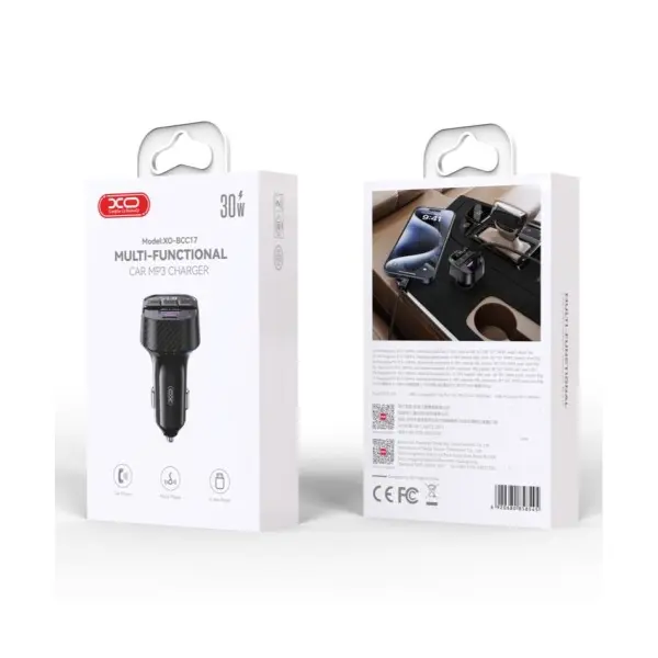 АВТОМОБІЛЬНИЙ ЗАРЯДНИЙ ПРИСТРІЙ XO BCC17 SMART BLUETOOTH MP3 A+C DUAL PORT PD30W CAR CHARGER WITH TYPE C, ЧОРНИЙ