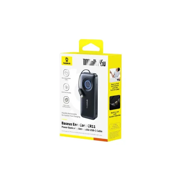ЗОВНІШНІЙ АКУМУЛЯТОР POWER BANK BASEUS ENERCORE CR11 POWER BANK WITH RETRACTABLE CABLE 10 000MAH 45W, ЧОРНИЙ E0027G00