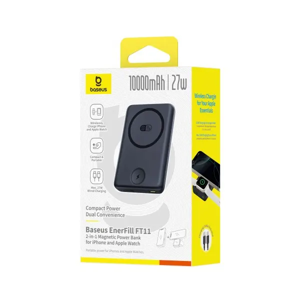 ЗОВНІШНІЙ АКУМУЛЯТОР POWER BANK BASEUS ENERFILL FT11 MAGNETIC POWER BANK ДЛЯ IWATCH+PHONE 10 000MAH 27W, ЧОРНИЙ P1008210G123-00