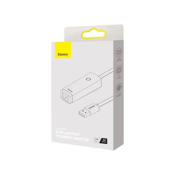 ПЕРЕХІДНИК USB BASEUS LITE SERIES ETHERNET ADAPTER USB-A TO RJ45 LAN PORT (100MBPS), ЧОРНИЙ WKQX000001