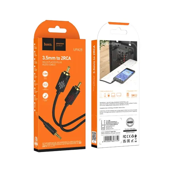 MR4_151411 Адаптер аудіо hoco upa28 3.5 double lotus rca audio cable 1.5m, чорний 