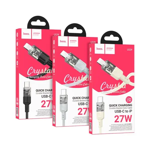 КАБЕЛЬ PD HOCO U129 SPIRIT PD TRANSPARENT CHARGING DATA CABLE LIGHTNING 1.2M, ЧОРНИЙ