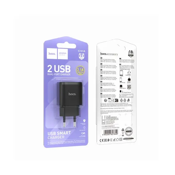 МЕРЕЖЕВИЙ ЗАРЯДНИЙ ПРИСТРІЙ HOCO C141A SMART DUAL-PORT CHARGER (EU) 5V, 2.1A, ЧОРНИЙ