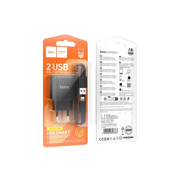 MR4_151545 Мережевий зарядний пристрій hoco c141a smart dual-port charger set 5v, 2.1a + lightning, чорний 