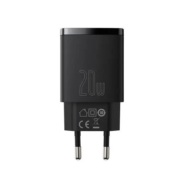 МЕРЕЖЕВИЙ ЗАРЯДНИЙ ПРИСТРІЙ BASEUS COMPACT QUICK CHARGER U+C 20W EU, ЧОРНИЙ CCXJ-B01