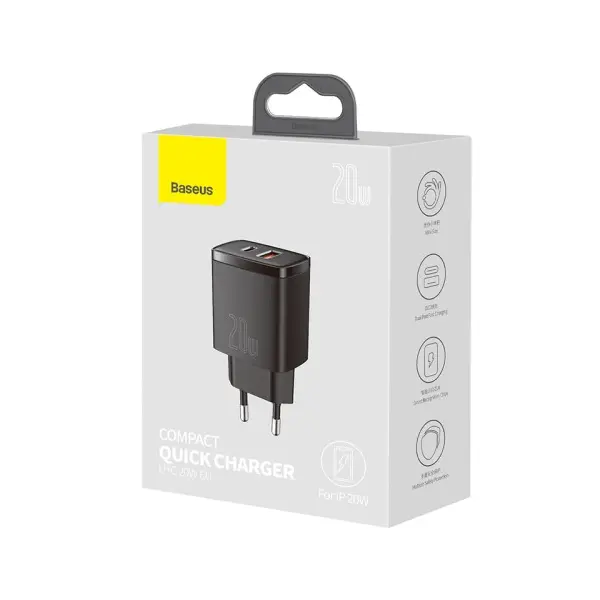 МЕРЕЖЕВИЙ ЗАРЯДНИЙ ПРИСТРІЙ BASEUS COMPACT QUICK CHARGER U+C 20W EU, ЧОРНИЙ CCXJ-B01