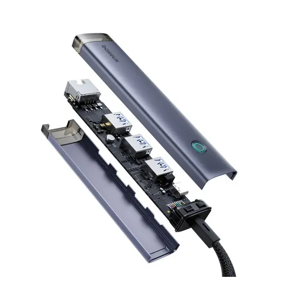 ХАБ HUB TYPE-C BASEUS ULTRAJOY 4-PORT (USB, TYPE-C TO USB 3.0*3+RJ45*1+TYPE-C), СІРИЙ B0005280B811-14