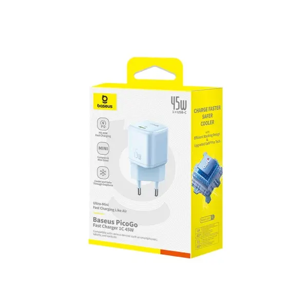 МЕРЕЖЕВИЙ ЗАРЯДНИЙ ПРИСТРІЙ BASEUS PICOGO GAN FAST CHARGER 1C 45W СИНІЙ P10176800313-00