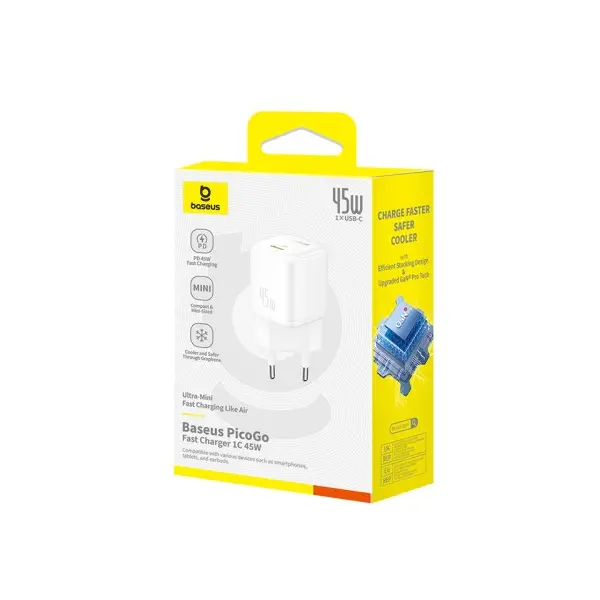 МЕРЕЖЕВИЙ ЗАРЯДНИЙ ПРИСТРІЙ BASEUS PICOGO GAN FAST CHARGER 1C 45W, БІЛИЙ P10176800213-00