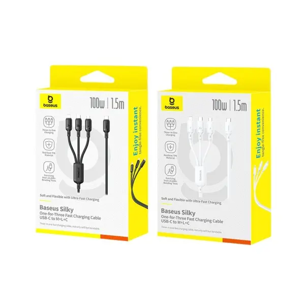 КАБЕЛЬ PD BASEUS SILKY 3IN1 TYPE-C TO M+L+C 100W 1.5M, ЧОРНИЙ P10377706123-00