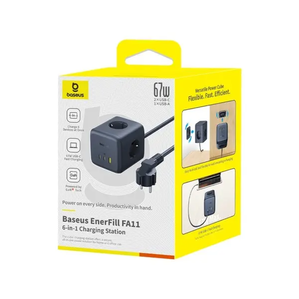 МЕРЕЖЕВИЙ ЗАРЯДНИЙ ПРИСТРІЙ BASEUS ENERFILL FA11 CUBE POWER STRIP 3AC+1U+1C 67W 1.5M EU, ЧОРНИЙ E00082100123-00