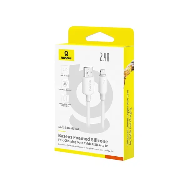 КАБЕЛЬ BASEUS FOAMED SILICONE USB-A TO LIGHTNING 2.4A 2M, БІЛИЙ E0426905