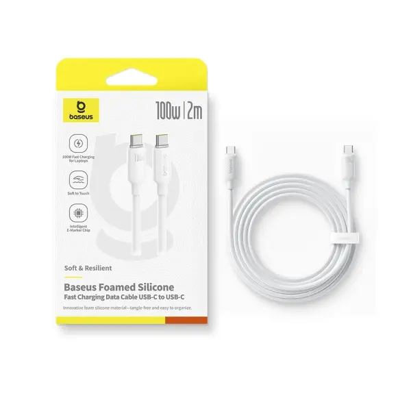 КАБЕЛЬ PD BASEUS FOAMED SILICONE TYPE-C TO TYPE-C 100W 2M, БІЛИЙ E0426705